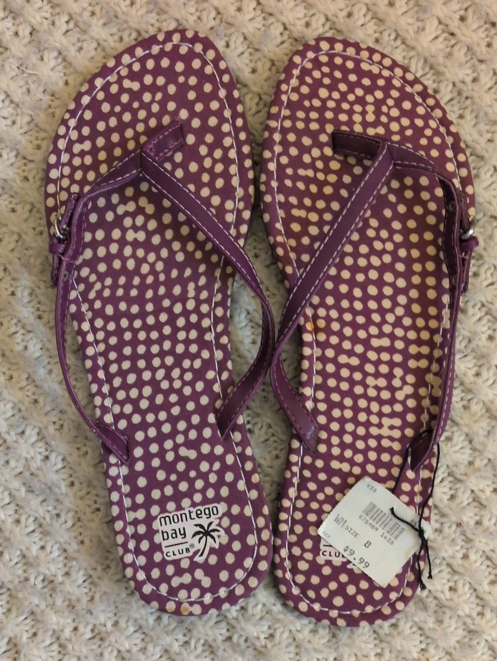 Montego Bay Club Purple and Cream Polka Dot Thong Flip Flop Sandals Size 8 NWT